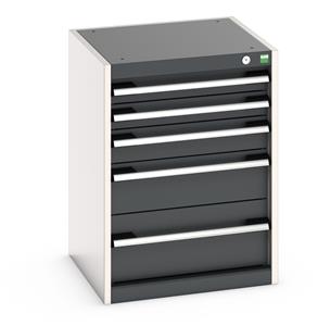 40010115.** Cabinet consists of 2 x 75mm, 1 x 100mm, 1 x 150mm and 1 x 200mm high drawers 100% extension drawer with internal dimensions of 400mm wide x 400mm deep. The drawers have a U.D.L of 75kg (when approaching high weight loads it is suggested to fix